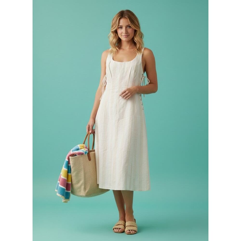 ASTR The Label Elena Lace-Up Stripe Linen Midi Dress Cream S NWOT